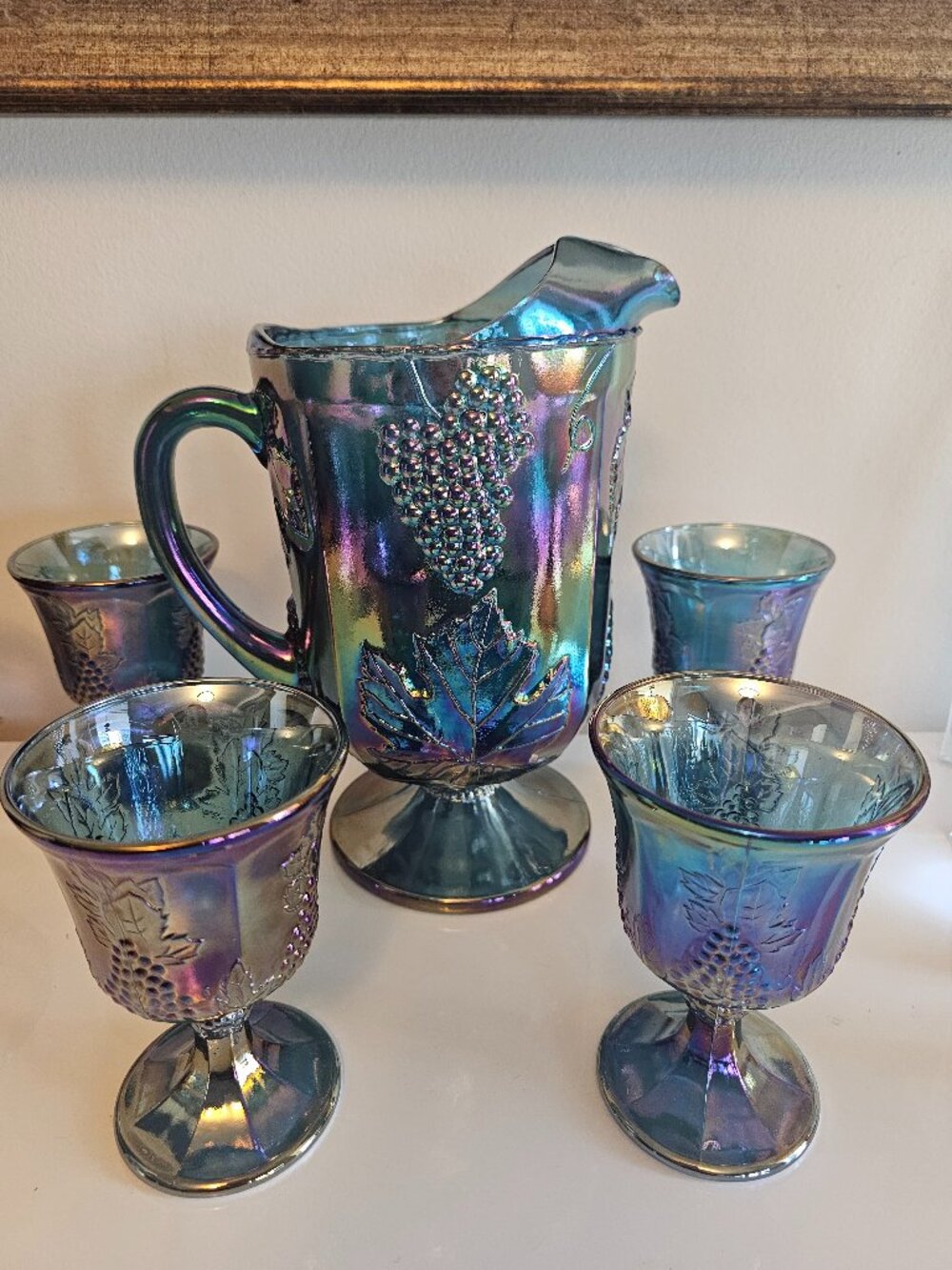 Vintage blue Indiana Glass grapes and leaves pitcher with 4 goblets